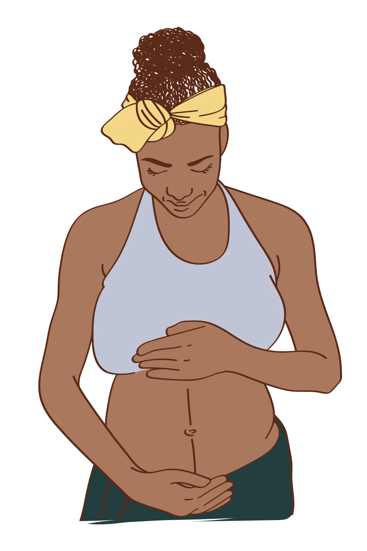 A woman with curly hair in a bun, wearing a yellow headband and blue tank top, places her hands on her belly. She appears calm and focused.
