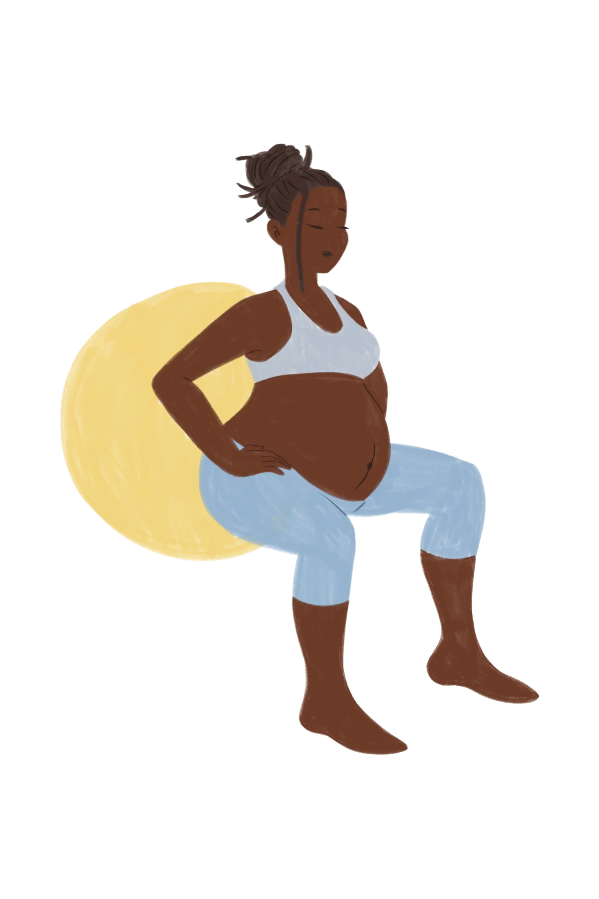 Illustration of a pregnant woman with dark skin wearing a light blue sports bra and leggings, sitting on a yellow exercise ball. She has closed eyes, conveying calmness.