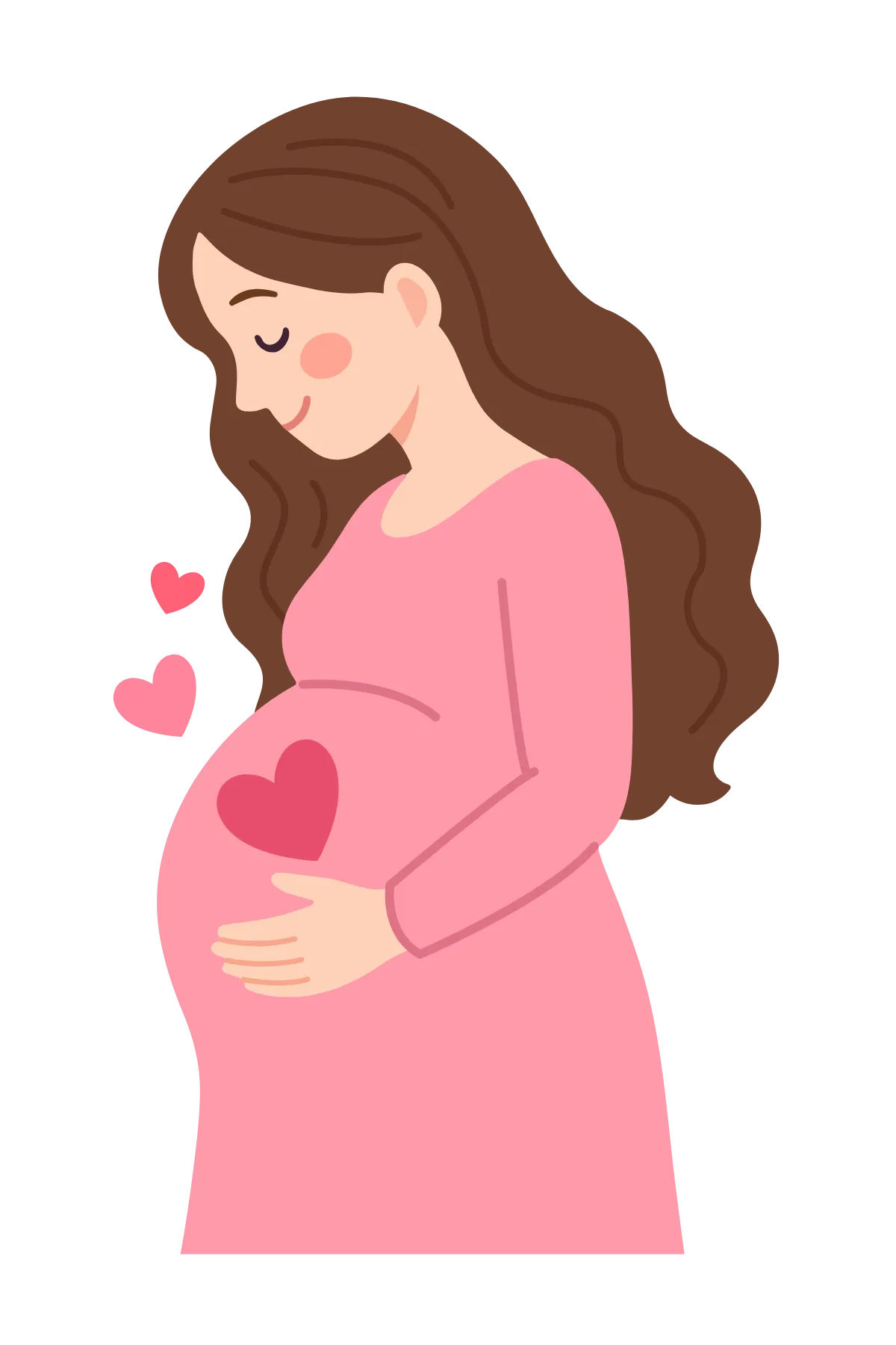 Illustration of a smiling pregnant woman with long brown hair, wearing a pink dress. She gently cradles her belly, surrounded by pink hearts. The tone is loving and serene.
