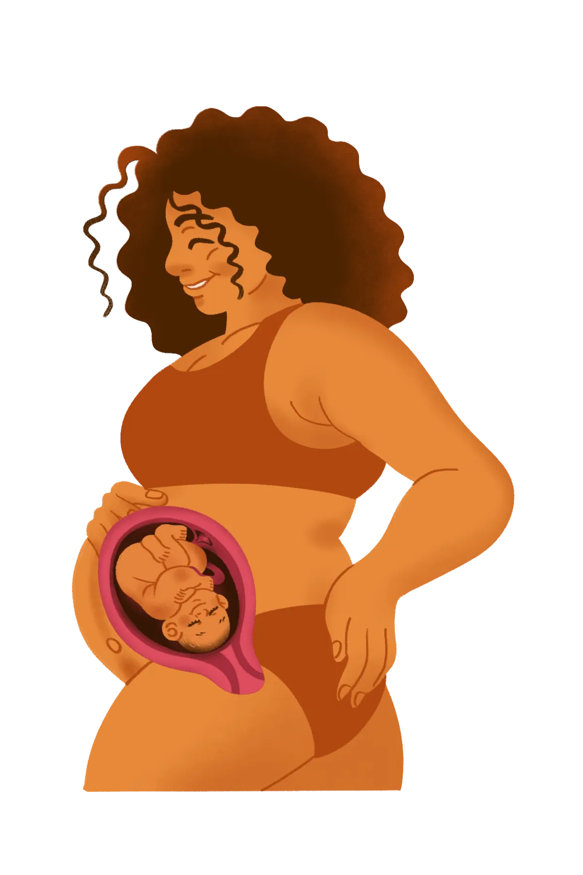 Illustration of a smiling pregnant woman with curly hair, wearing brown undergarments. A cutaway view reveals a baby in the womb, conveying warmth and anticipation.