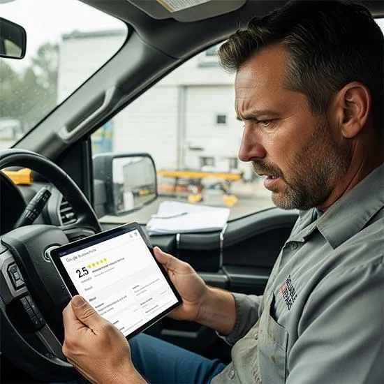 business owner upset looking at bad review