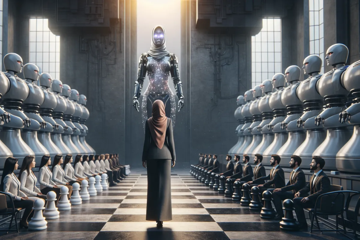 A small team collaborating around computers, demonstrating AI-driven operational scalability.