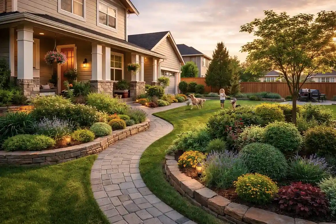 Well-maintained residential yard illustrating the upkeep and effort required for home maintenance.