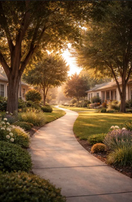 Tree-lined residential sidewalk in a quiet neighborhood, reflecting life transitions and changing needs at home.