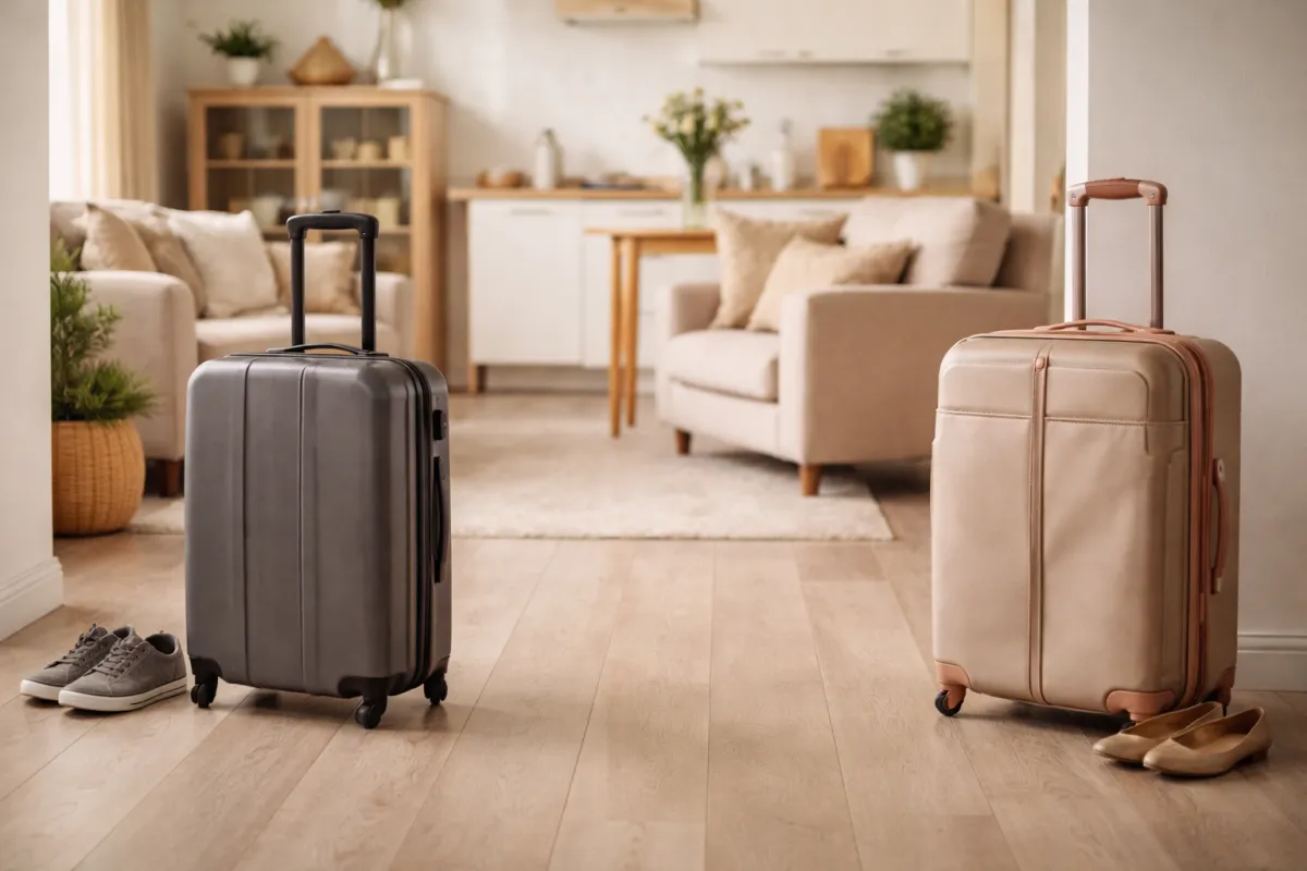 Two suitcases standing apart in a softly lit living room, with shoes beside each one, suggesting a household in transition during divorce or separation.