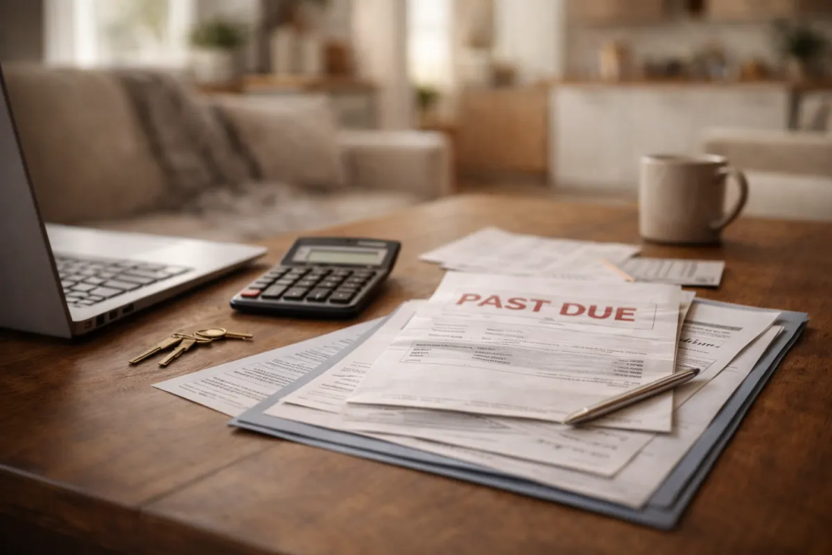 Kitchen table with overdue bills, a calculator, house keys, and a laptop, representing mortgage stress and financial uncertainty after an income change.
