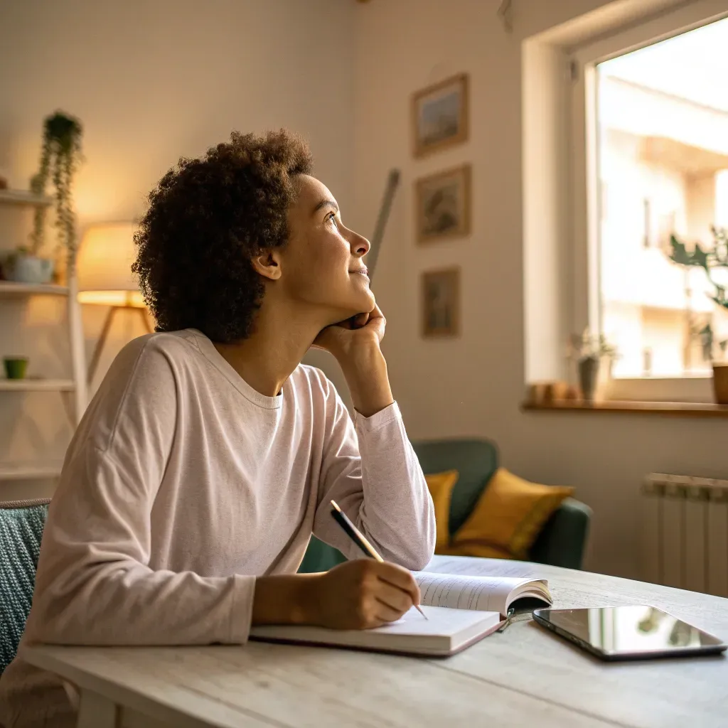 Person writing in a diary at home, reflecting on future possibilities and quiet life changes.