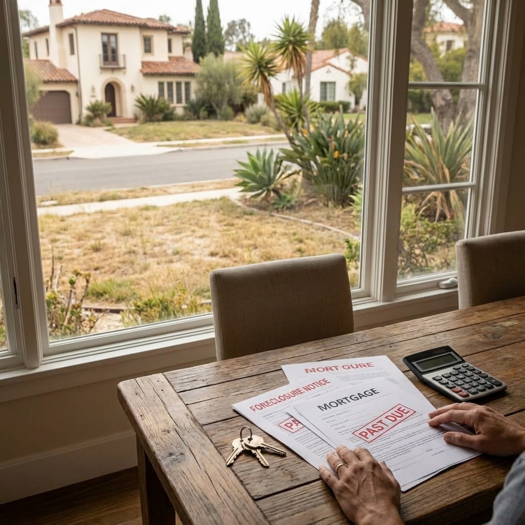 Foreclosure notice paperwork inside a home with a residential street visible through the window.