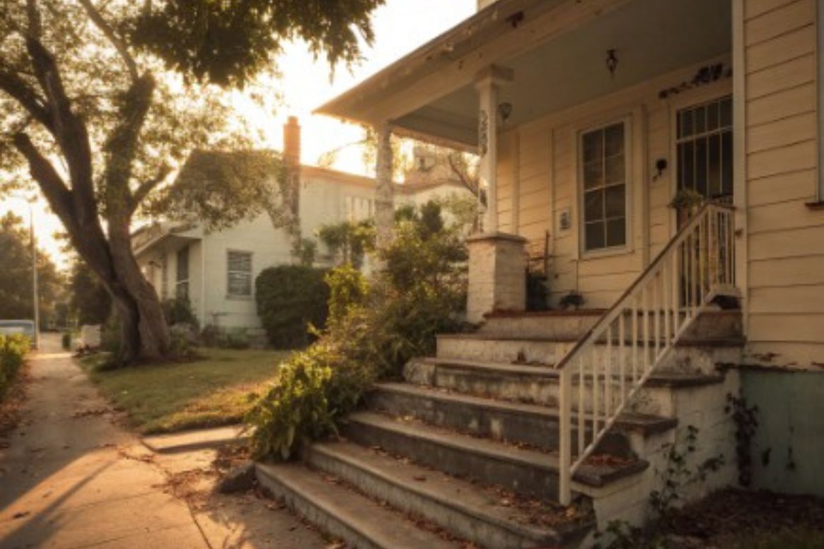 Home entry with stairs highlighting accessibility challenges that can affect daily living.