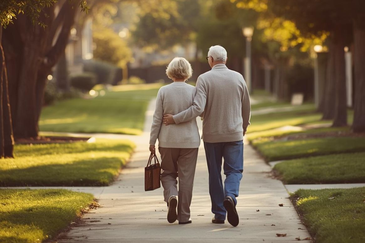 Older couple walking together in a quiet neighborhood, representing lifestyle changes and aging in place.