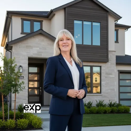 Val Schwab REALTOR® eXp Realty in front of beautiful home