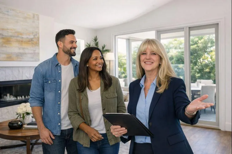 Real estate agent working with a couple inside a welcoming home, offering guidance and answering questions during a showing.