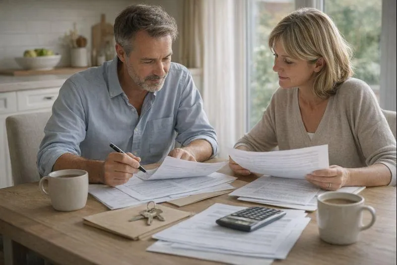 Homeowners reviewing paperwork at a kitchen table, representing careful evaluation of cash offer options and selling decisions.