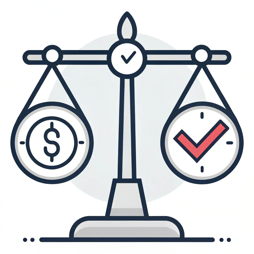 Icon of a balance scale with a dollar symbol and checkmark, representing price, timing, and certainty trade-offs in cash home offers.