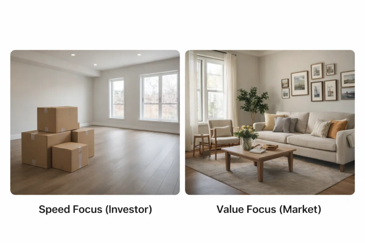 Side-by-side images showing an empty room with moving boxes representing speed-focused cash offers and a furnished living room representing value-focused market sales