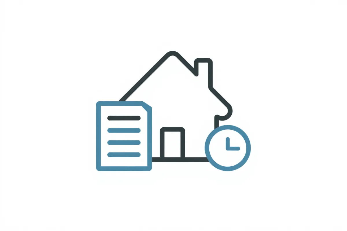 Icon showing a home, document, and clock representing situational factors that influence home selling decisions.