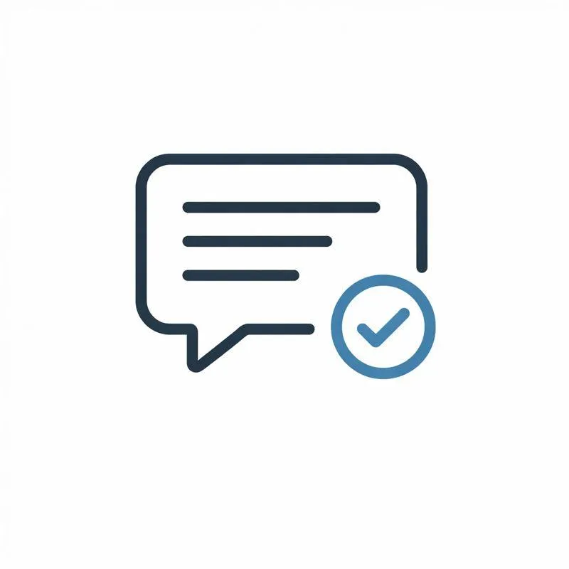 Line icon of a speech bubble with text lines and a checkmark symbolizing clear communication and understanding.
