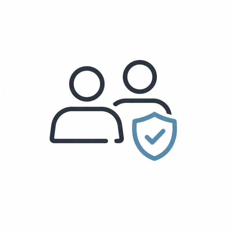 Minimal line icon showing two verified buyers, represented by two figures with a shield and checkmark to indicate trusted, real buyers.