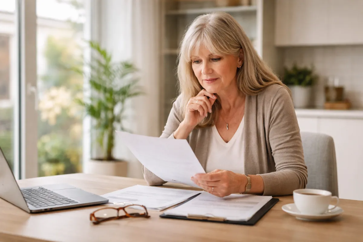 Middle-aged woman reviewing paperwork at a kitchen table, thoughtfully comparing documents to understand options and trade-offs before making a decision.