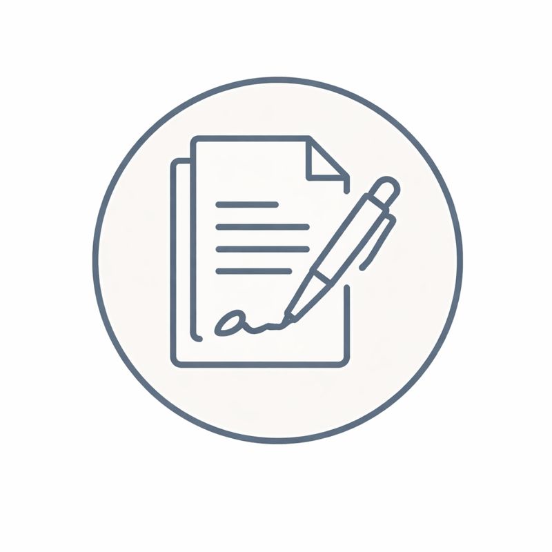 Icon representing commitment and process, shown as a signed document with a pen to indicate agreement and structured next steps.