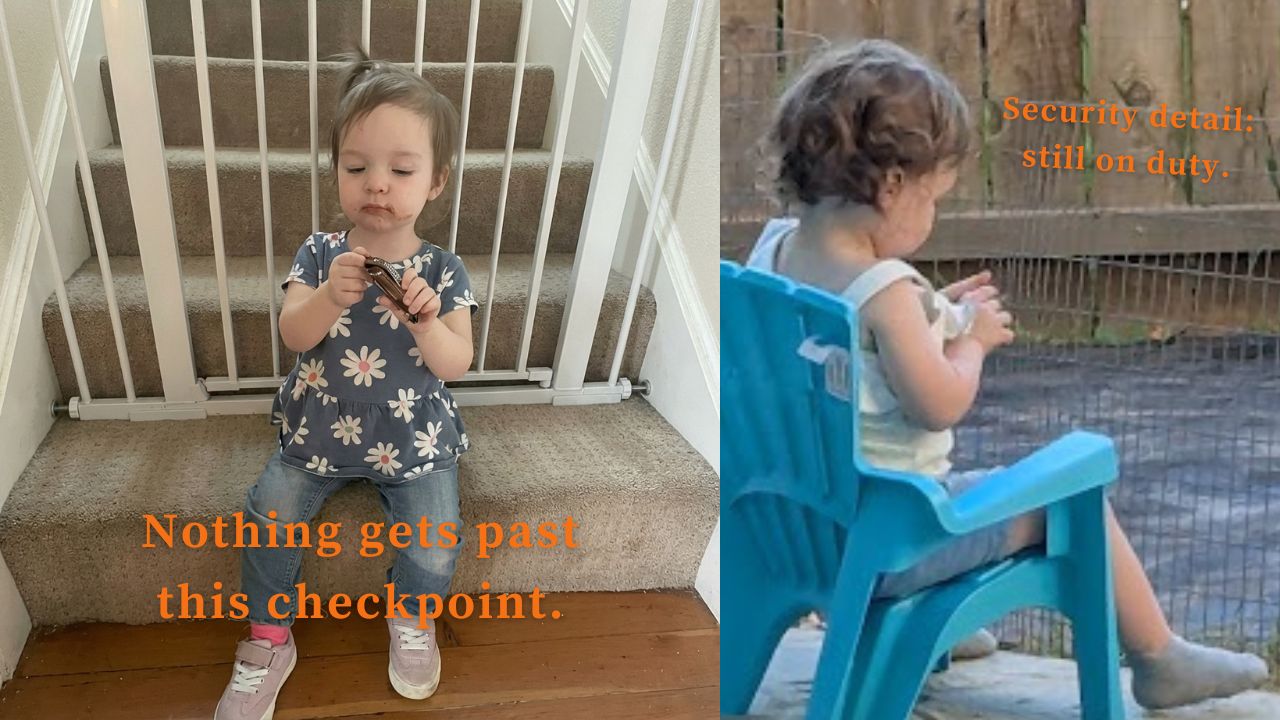 Toddler sitting at a stair gate holding an object, paired with a second image of the child seated outdoors behind a fence, illustrating supervision and boundaries in small living spaces