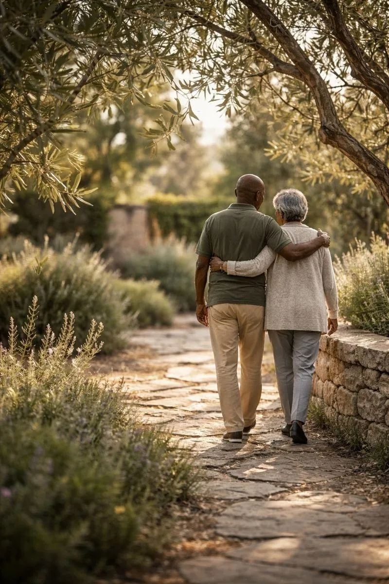 Elderly couple walking arm in arm along a sunlit garden path, reflecting a peaceful season of life and changing needs at home.