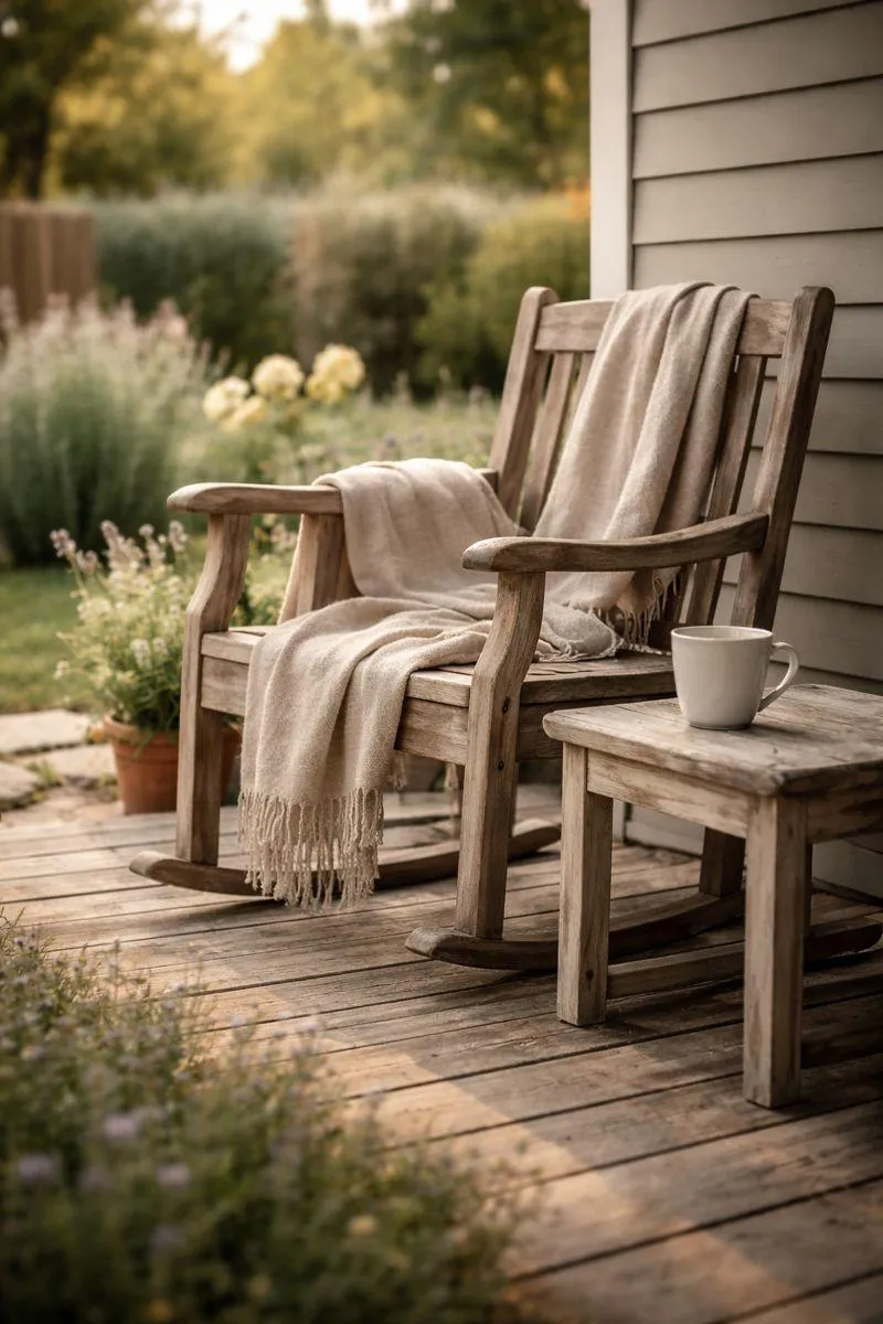 Wooden chair on a quiet front porch with a blanket and coffee mug, symbolizing rest, simplicity, and ease at home.