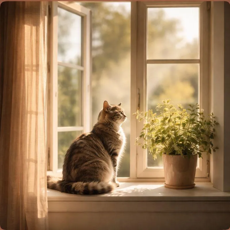 Cat sitting peacefully on a sunlit windowsill beside a potted plant, reflecting quiet comfort and everyday calm at home.