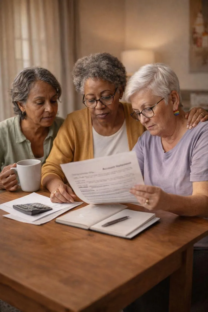 Three older women of diverse backgrounds reviewing documents together at a table, reflecting informed decision-making and shared support at home.