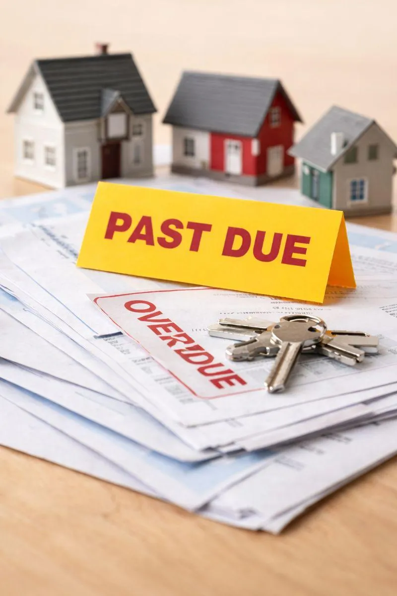 Mortgage paperwork with a past-due notice and house keys on a table, illustrating an early stage of missed payments.