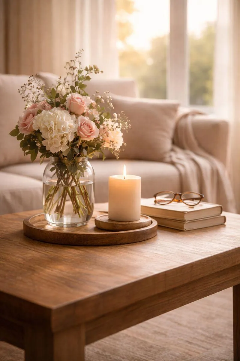 Vertical photo of a sunlit living room coffee table with a candle, flowers, books, and reading glasses, creating a calm and reflective home atmosphere.