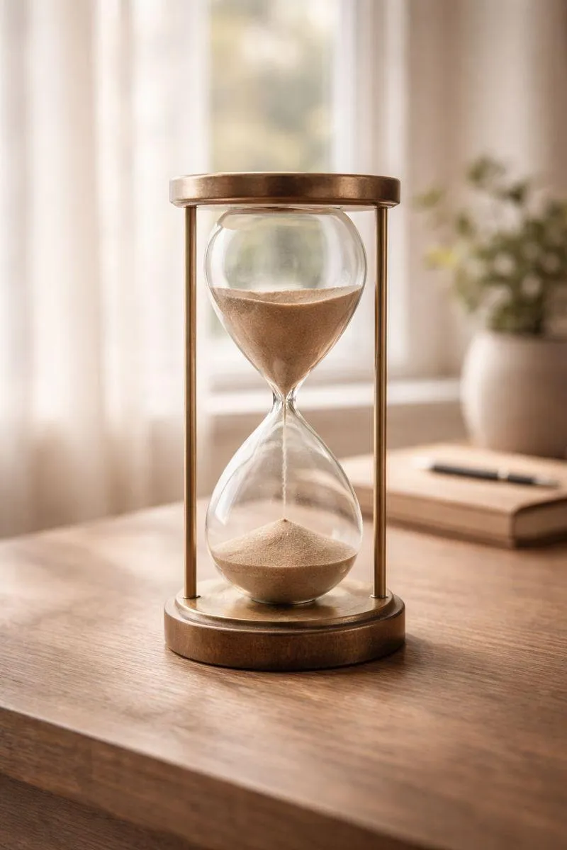 Vertical photo of an elegant hourglass with sand slowly flowing, placed on a wooden surface in soft natural light, symbolizing thoughtful timing and calm decision-making.