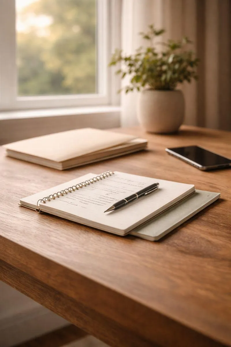 A wooden desk in soft natural light with an open notebook, pen, closed folder, and phone placed face down, conveying a calm moment of reflection and unfinished decisions.