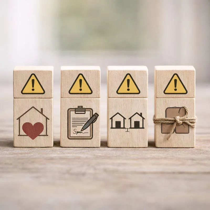 Four wooden blocks with caution symbols and housing-related icons, representing areas to be careful with when making housing decisions during separation.