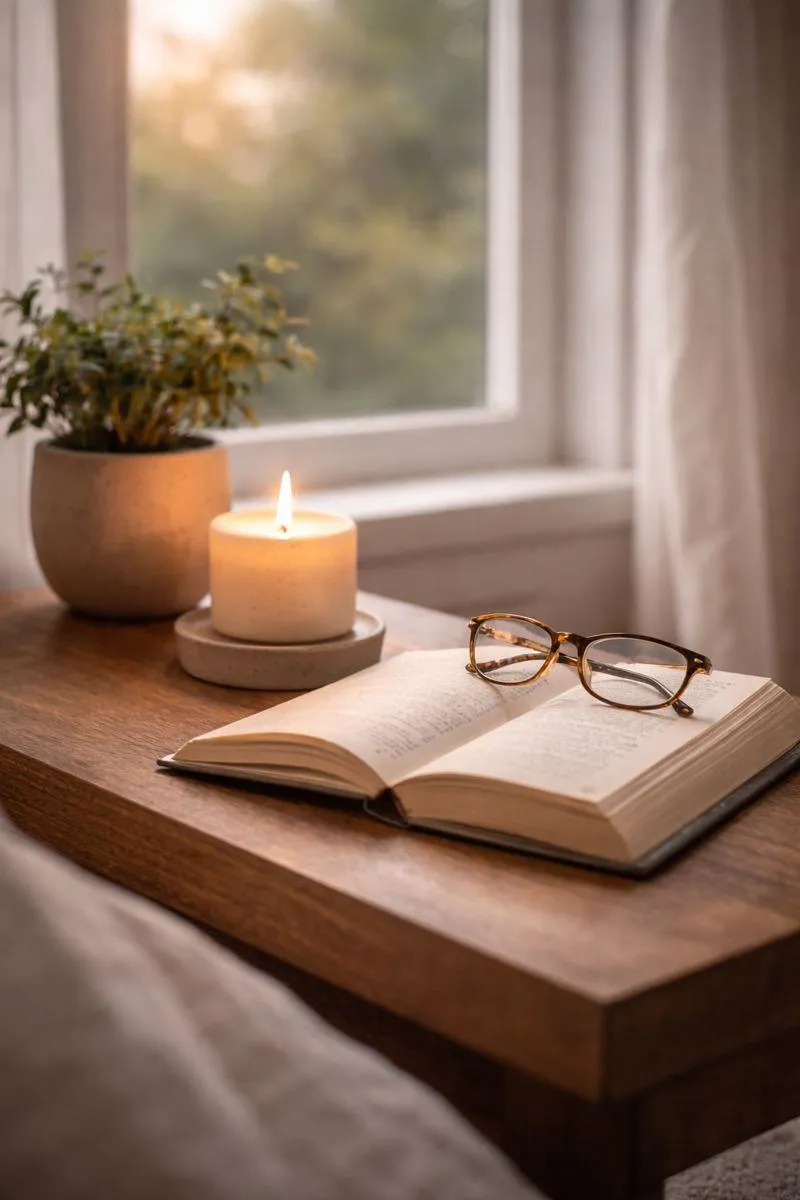 A quiet home scene with an open book, reading glasses, and a lit candle on a wooden table near a window, reflecting calm perspective and thoughtful decision-making.
