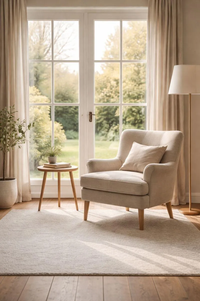 A bright living room with a comfortable armchair near French doors, filled with natural light and a sense of quiet transition at home.