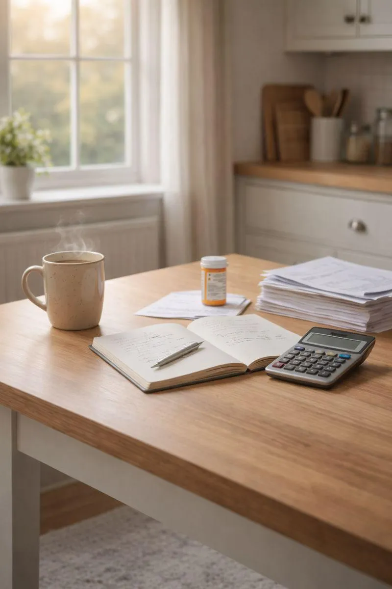 Sunlit kitchen table with neatly stacked bills, an open notebook, calculator, coffee mug, and a prescription bottle, reflecting calm reflection during financial and medical stress.
