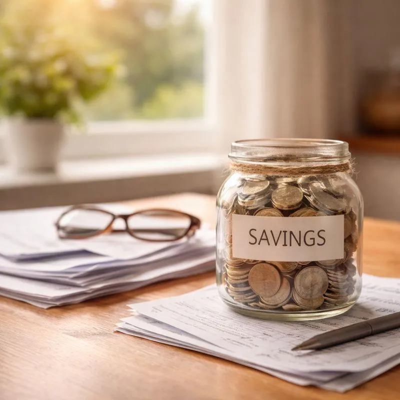 Glass jar of savings coins on a wooden table beside household paperwork in soft natural light, representing financial transition and thoughtful planning during income changes.