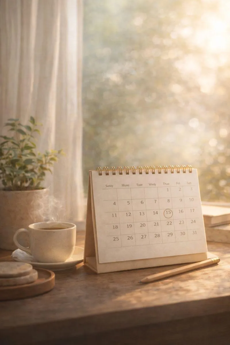 A sunlit desk with a standing calendar, coffee cup, and soft morning light, representing time, clarity, and early planning without urgency.