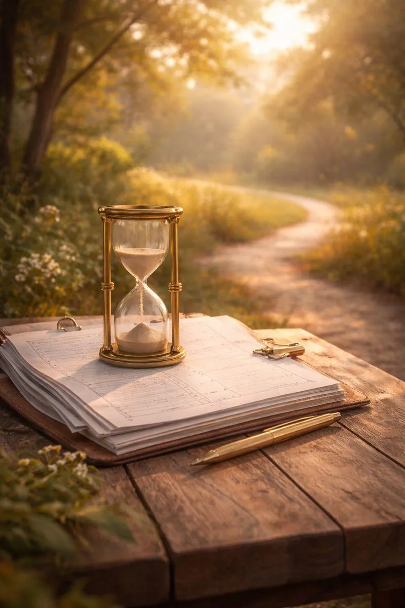 Soft morning light over a quiet outdoor path beside a wooden table with a planner and hourglass, symbolizing clarity, timing, and thoughtful progress during life transitions.