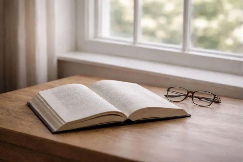Open book and reading glasses on a wooden table beside a window, symbolizing reflection and quiet transition in the home