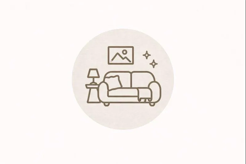 Icon illustrating a cozy, well-proportioned living room that emphasizes comfort and simplicity rather than size.