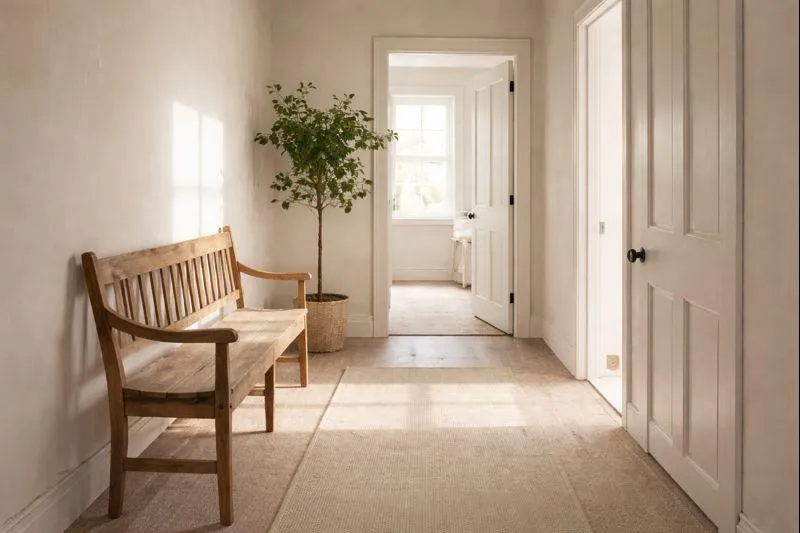 Bright, minimalist hallway with natural light, clear pathways, and simple seating that emphasizes easy access and smooth flow throughout the home.