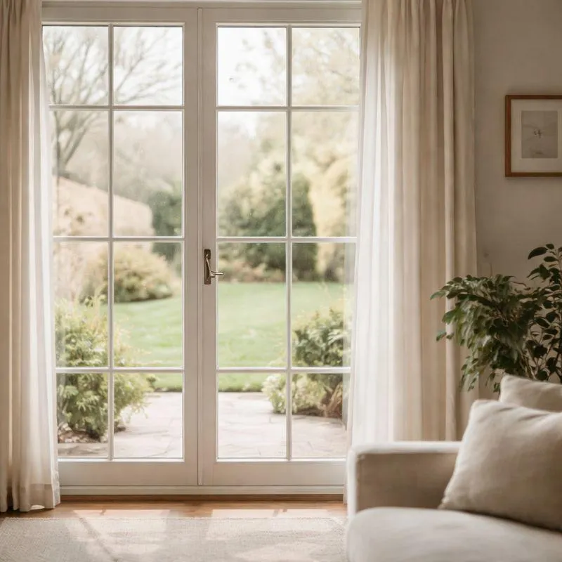 Sunlit glass doors opening to a quiet garden, viewed from inside a calm living space.
