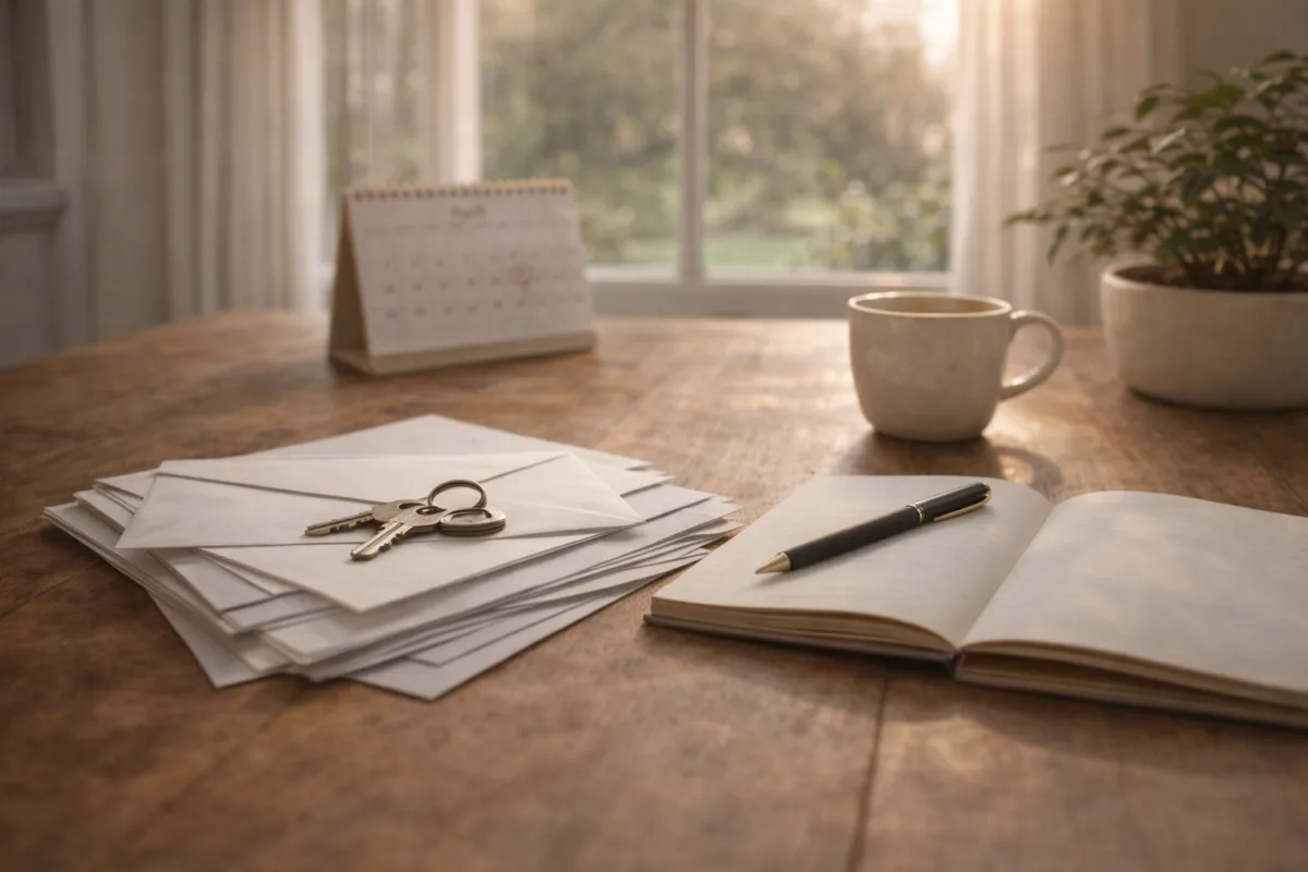 Sunlit table with a notebook, calendar, coffee cup, and house keys, representing thoughtful timing and home-related decisions.