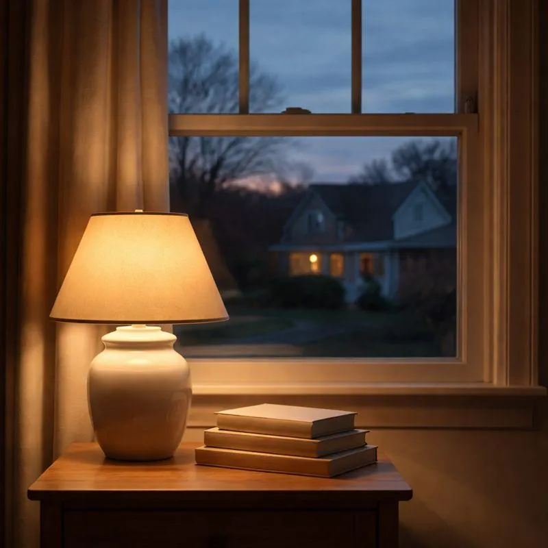 Warm table lamp beside stacked books near a window at dusk, reflecting a calm moment for pause and reflection during housing uncertainty