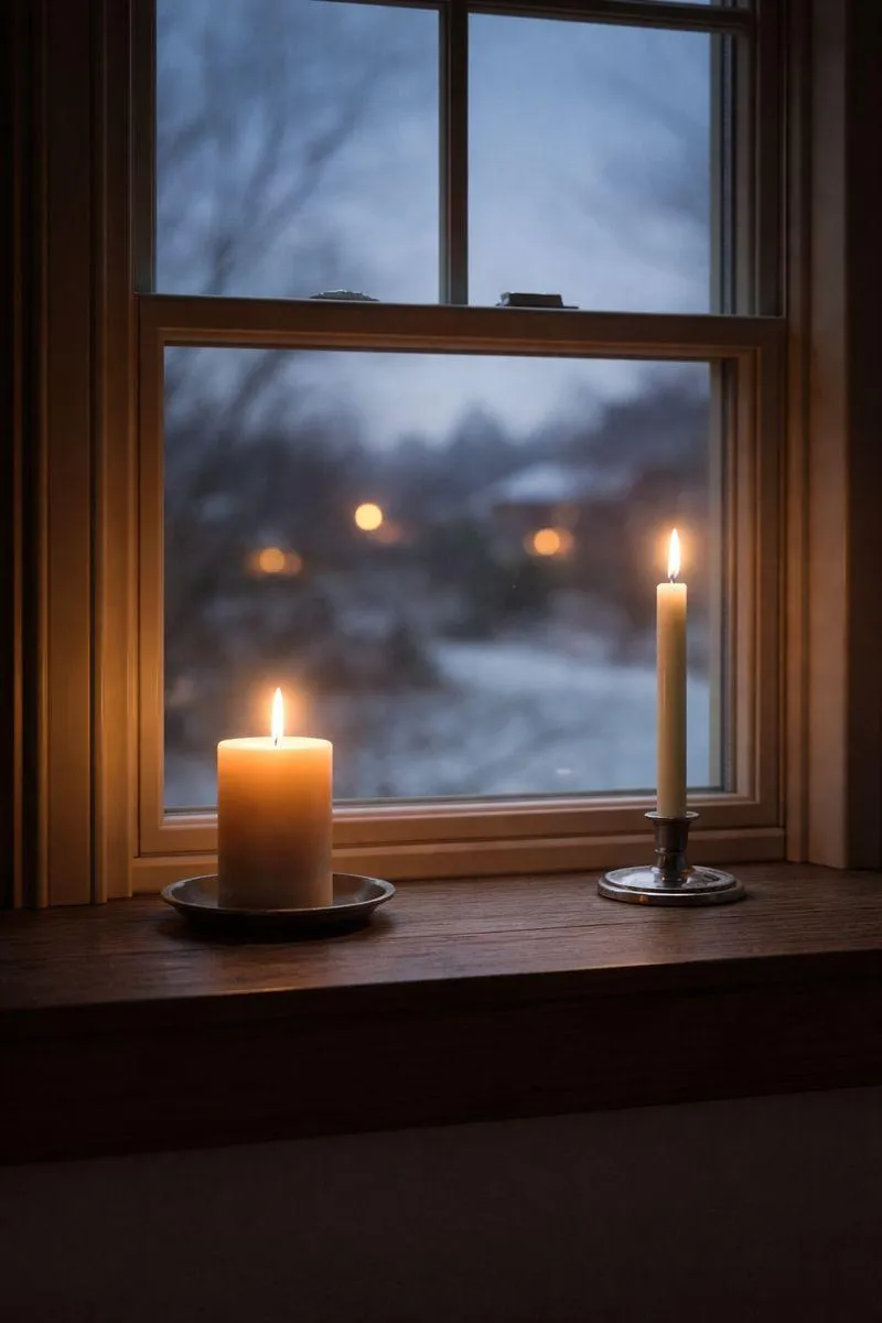 Soft candlelight on a windowsill during evening, creating a peaceful and reflective home atmosphere.