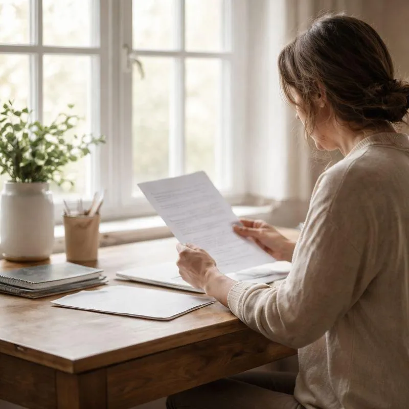 Homeowner seated near a window reviewing paperwork at a table, representing careful review and decision-making during the loan modification process.