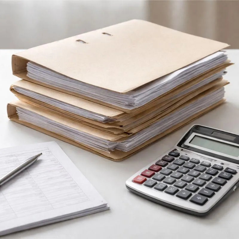 Stacked financial documents with a calculator and paperwork on a desk, representing the documentation and financial review involved in a loan modification request.