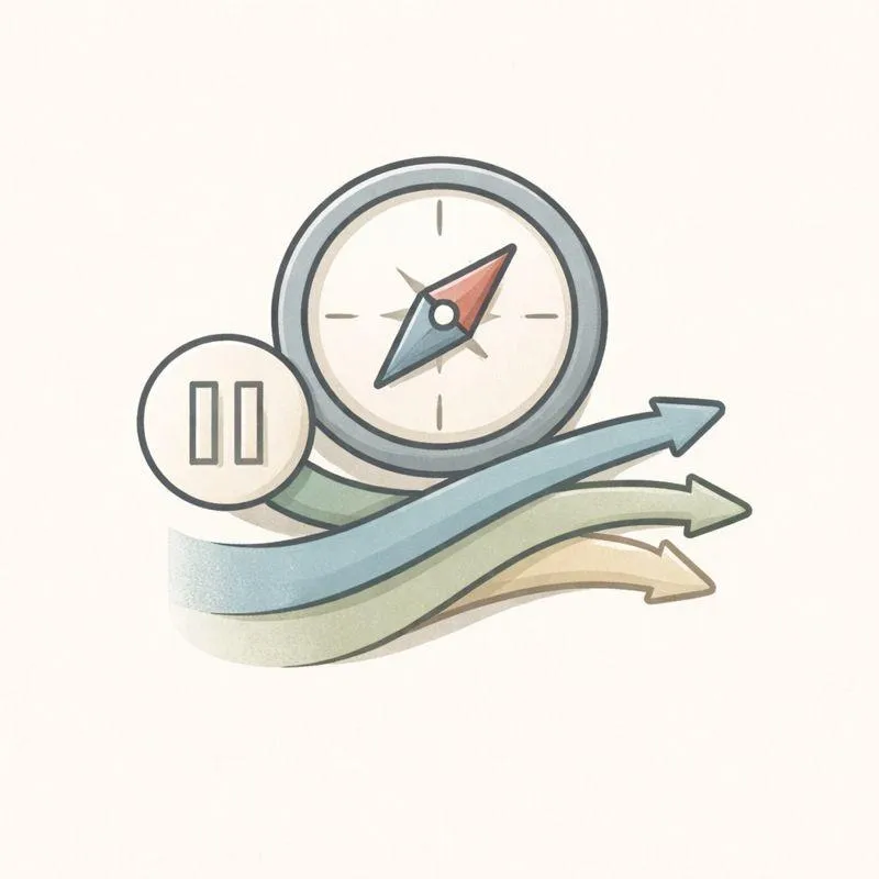 Minimalist compass with layered pathways and a pause symbol on a soft neutral background, representing clarity and slowing down when multiple housing options overlap.